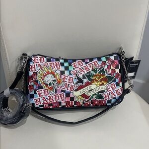 Ed Hardy Colorful "Sparkly Skull" Crossbody Bag with Skull and Floral Design